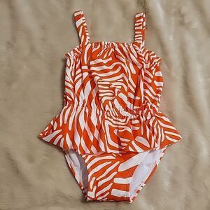GYMBOREE ORANGE AND WHITE ZEBRA PRINT RUFFLED SWIMSUIT, SIZE 18-24 MONTHS - NEW!